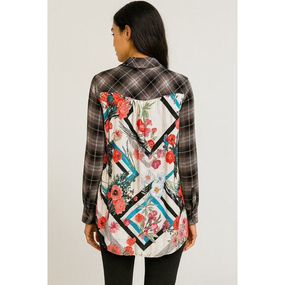 Tolina Plaid & Floral Mixed Media Tunic Shirt  XS – 100% Viscose has Pockets NEW - Picture 4 of 10